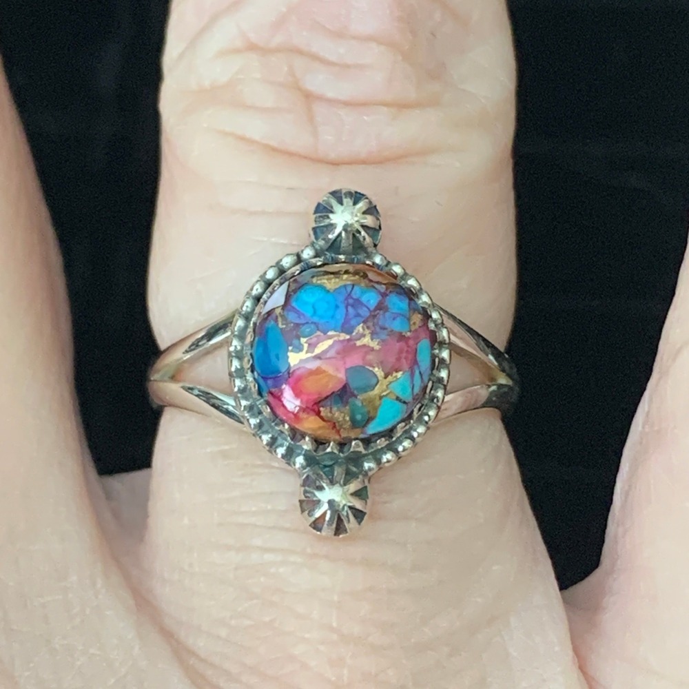 925 Sterling Silver Pink Dahlia Turquoise Open Back Ring Size 7.75 Southwestern